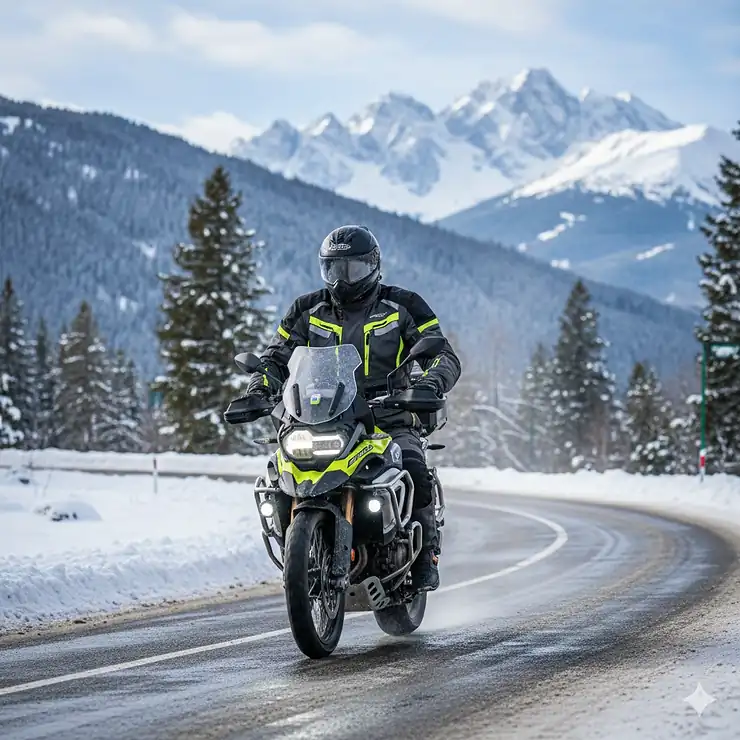A motorcyclist wearing a heavy-duty cold weather motorcycle jacket riding through a scenic winter landscape.