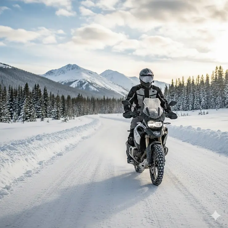 A motorcyclist riding through a snowy landscape wearing insulated, waterproof cold weather motorcycle pants.