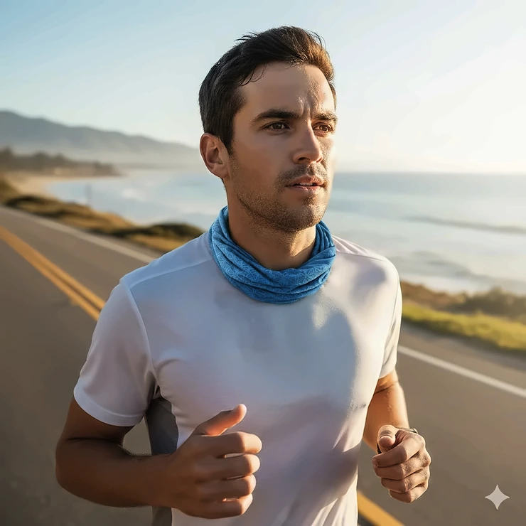 A marathon runner wearing a blue cooling bandana around their neck while sprinting on a sunny paved road. cooling bandanas for marathon runners