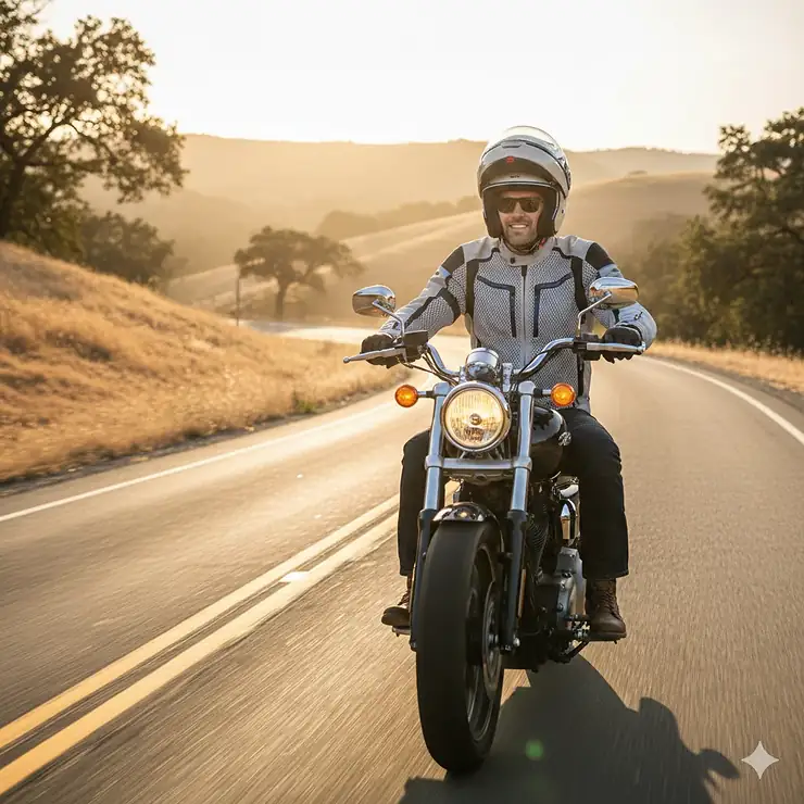 A rider wearing a light-colored mesh motorcycle jacket for hot weather while riding a bike on a sunny highway.