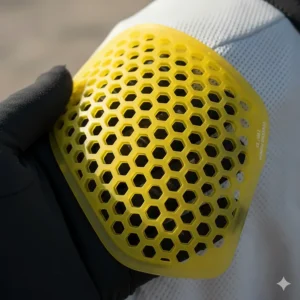 Close-up of perforated CE-level armor used in lightweight motorcycle jackets for hot weather protection.