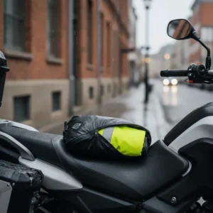A motorcycle rain suit folded into its compact carrying pouch, showing easy storage for daily commuters.
