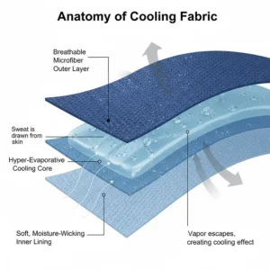 Anatomy of cooling fabric showing the microfiber outer layer, hyper-evaporative core, and soft moisture-wicking inner lining.