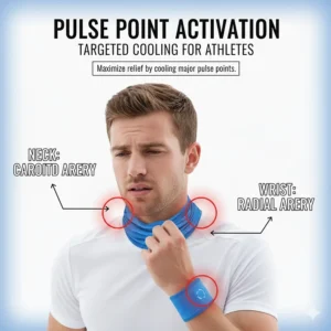 Graphic highlighting the neck and wrists as key pulse points for marathon cooling relief.