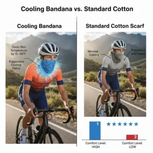 Comparison chart showing the high comfort and 15 to 30 degree temperature drop of a cooling bandana versus a standard cotton scarf.