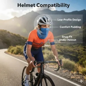 Demonstration of the low-profile design and snug fit of a cooling bandana worn comfortably under a road cycling helmet.