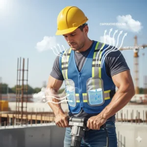 An illustration showing how an evaporative cooling vest pulls heat away from the body during outdoor work.