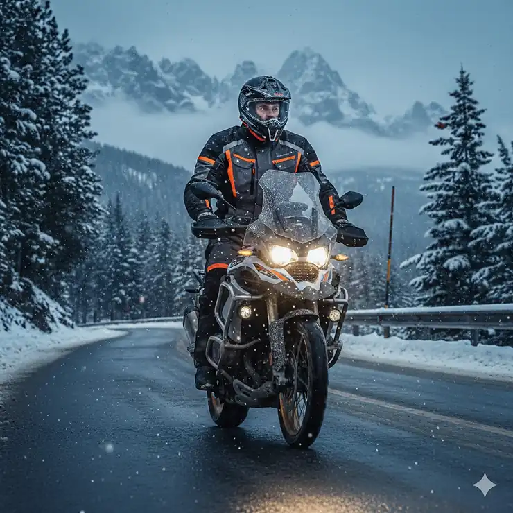A motorcyclist wearing a complete thermal cold weather motorcycle suit riding through a wintry landscape.