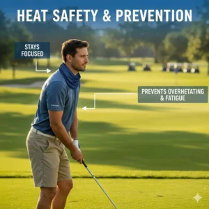 Illustration of a golfer staying refreshed and focused on the green by using a cooling neck gaiter to prevent overheating.