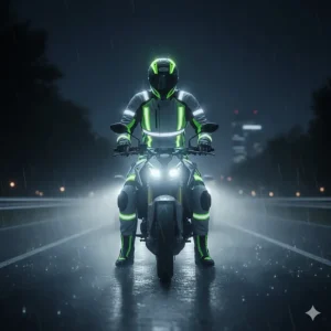 Illustration of a rider in reflective motorcycle wet weather gear glowing under headlights in low-light conditions.