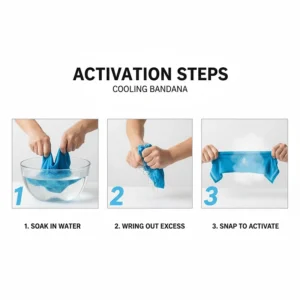 Step-by-step illustration of soaking, wringing, and snapping a cooling bandana to activate it.