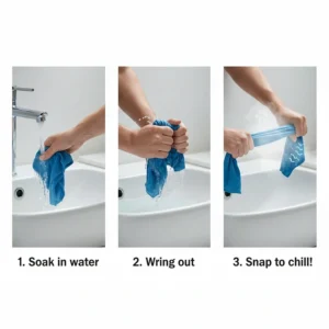 A three-step guide to activating a cooling bandana: soak in water, wring out the excess, and snap the fabric to trigger the chill.