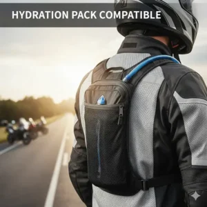 A motorcycle jacket featuring a rear pocket for a hydration bladder, ideal for long rides in extreme heat.