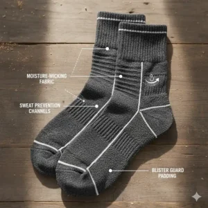 Breathable moisture-wicking socks that prevent sweat buildup and blisters during summer work hours.