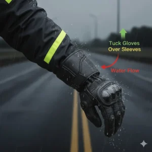 Illustration showing the correct way to tuck motorcycle gloves under jacket sleeves to prevent water entry.