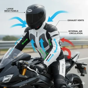 Diagram showing airflow through mesh panels of a summer motorcycle jacket to keep riders cool.
