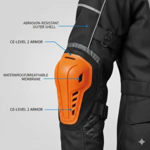 Illustration of CE-rated impact protectors in the shoulders and elbows of a cold weather jacket.