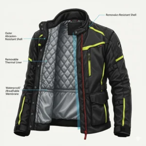 Diagram showing the removable thermal quilted liner of a cold weather motorcycle jacket.
