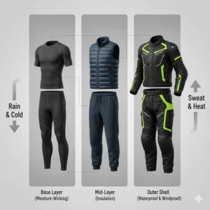 An infographic showing base layers, mid-layers, and an outer motorcycle rain shell for temperature control.
