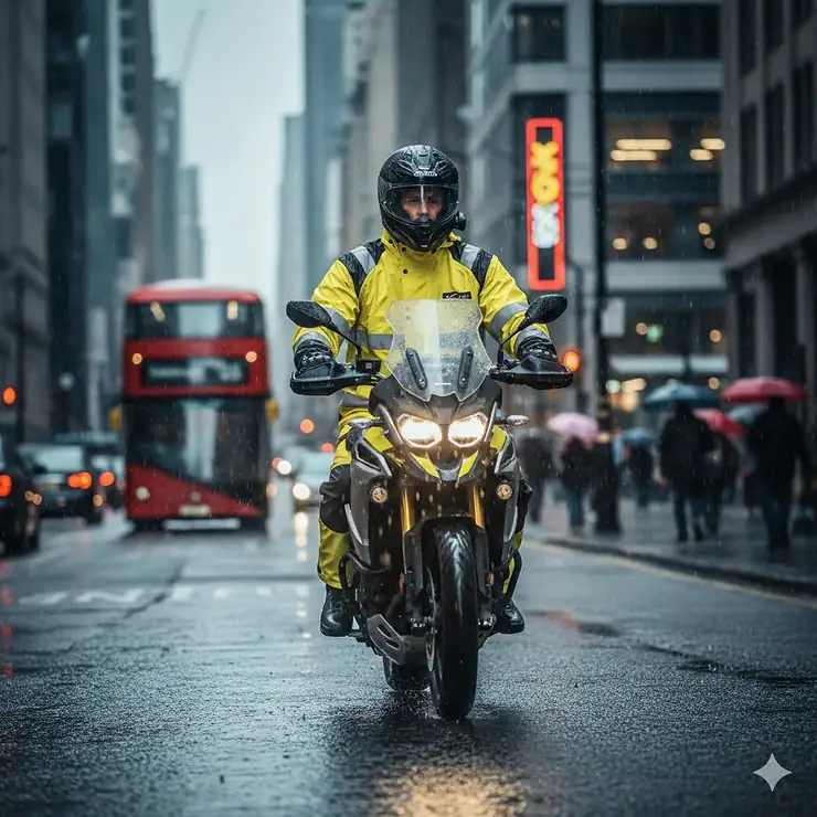 A motorcyclist wearing a high-visibility waterproof rain suit while commuting through city traffic in the rain. motorcycle rain suit for commuting