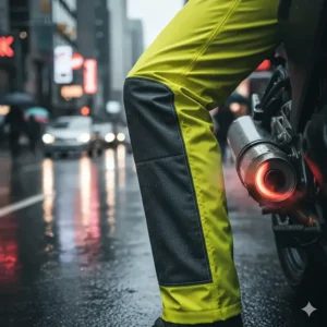 Heat-resistant inner leg panels on a rain suit to prevent melting against a hot motorcycle exhaust.