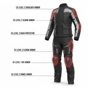 Illustration of CE-level armor positioning in a cold weather motorcycle suit for impact protection.