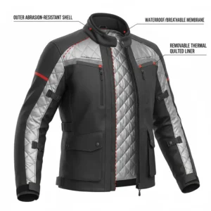 Diagram showing the removable thermal quilted liner of a cold weather motorcycle suit.