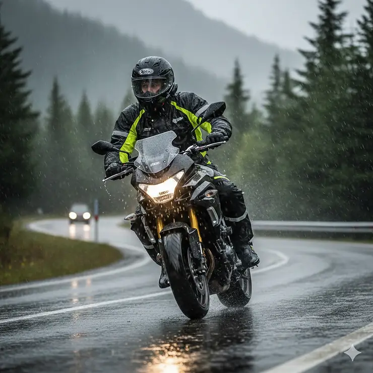 A motorcyclist riding through a rainstorm wearing full hi-vis motorcycle wet weather gear, including a waterproof jacket and pants.