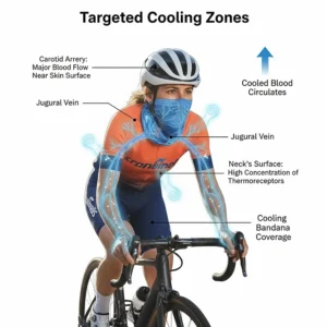 Human anatomy diagram highlighting targeted cooling zones on a cyclist's neck including the carotid artery and jugular vein.