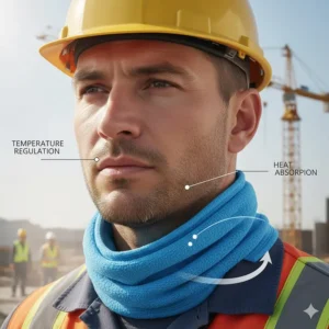 A reusable blue microfiber cooling neck wrap designed for temperature regulation on the job site.