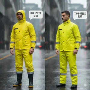 Side-by-side comparison of a one-piece motorcycle rain suit and a two-piece jacket and pants set for commuters.