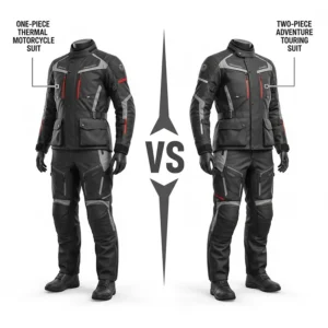 Comparison layout between a one-piece thermal motorcycle suit and a two-piece adventure touring set.