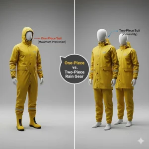 Side-by-side comparison of a one-piece motorcycle rain suit and a two-piece jacket and pants set.