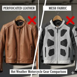 Side-by-side comparison of a perforated leather jacket and a full mesh motorcycle jacket for hot weather.