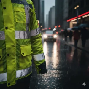 Close-up of reflective piping and hi-viz panels on a motorcycle rain suit for low-light commuting safety.