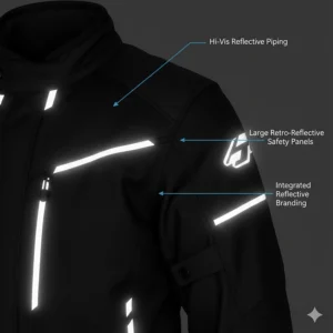 Illustration of Hi-Vis reflective piping on a cold weather motorcycle jacket for low-light safety.