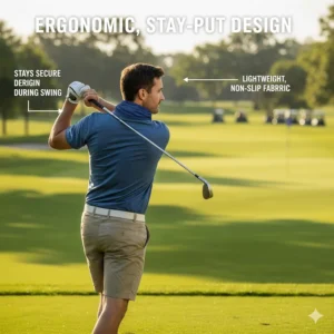Illustration highlighting the lightweight, non-slip design of a cooling bandana that stays secure during a golf swing.