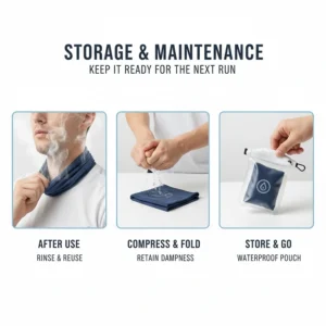 Illustration of a reusable waterproof pouch for storing a damp cooling bandana during a race.