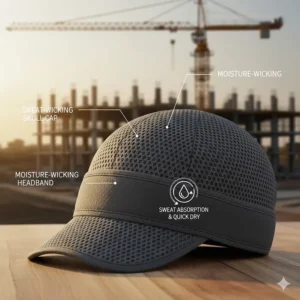 A moisture-wicking skull cap and headband liner designed to fit under a safety helmet for heat management.