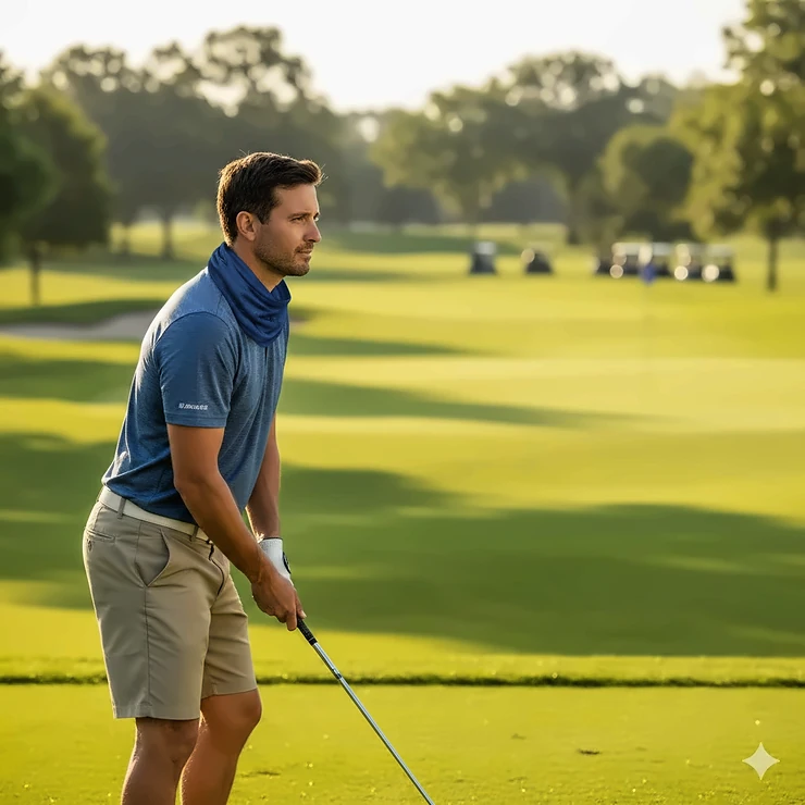 A professional golfer wearing a blue evaporative cooling bandana around his neck while preparing for a tee shot on a sunny day. top rated cooling bandanas for golfers