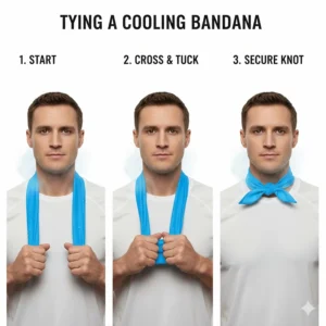 Illustration showing the most secure way to tie a cooling neck wrap for long-distance running.