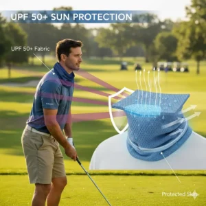 An illustration of a cooling neck wrap providing UPF 50 sun protection for a golfer's neck and chest.