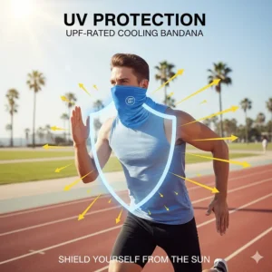 Illustration of a runner protected from UV rays by a cooling bandana with UPF 50+ rating.