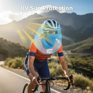 Graphic showing a road cyclist protected by a cooling bandana with UPF 50 plus sun protection blocking UV rays.