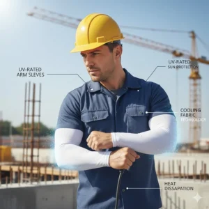 Lightweight white UV-rated arm sleeves for sun protection and cooling while working outdoors.