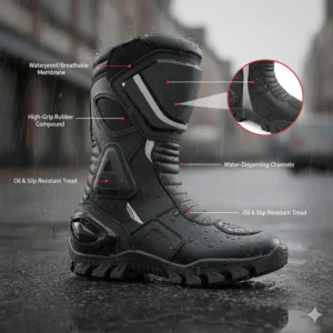 A technical drawing of waterproof motorcycle boots with high-grip soles for wet road surfaces.
