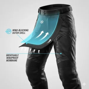 Graphic demonstrating wind-blocking outer shell technology on high-performance cold weather motorcycle pants.