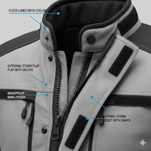 Detailed view of a storm flap and windproof zipper seal to prevent cold air intake.