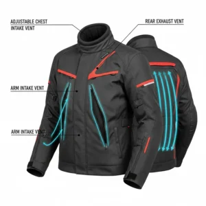 Illustration showing adjustable air vents on a motorcycle suit designed for temperature regulation.