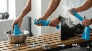 A 4K photorealistic sequential infographic showing the 'Soak', 'Wring', and 'Snap' steps to instantly activate the cooling properties of the towel.